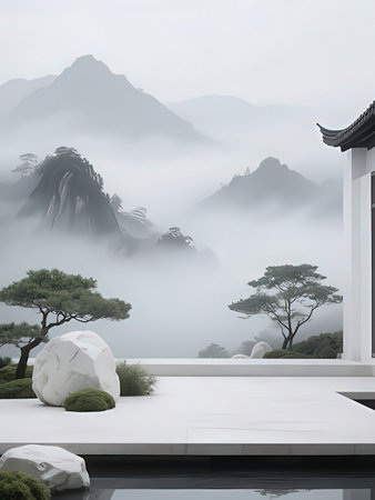 Foggy Landscape of a Garden with a Stone Wallの写真素材