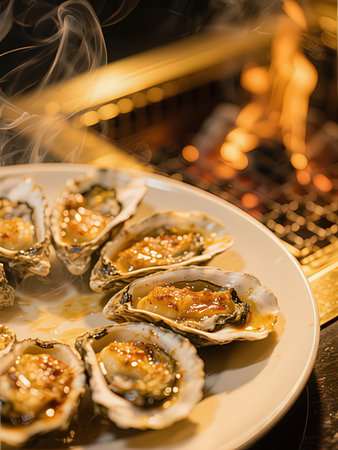 Oysters on a plate in front of a burning fireplace.の写真素材