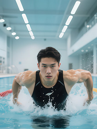 Portrait of Asian man swimming in swimming pool. Sport concept.のeditorial素材