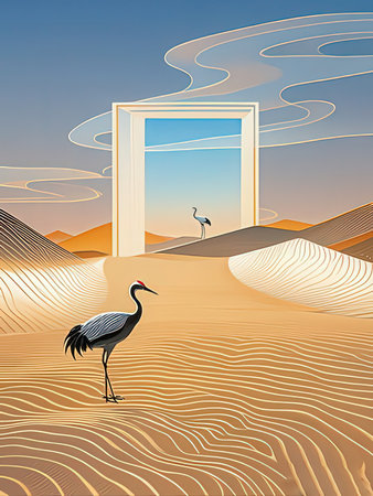 Open door in the desert with sand dunes and cranes.の写真素材