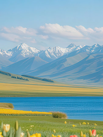 Beautiful spring landscape with lake and mountains. Kyrgyzstan.