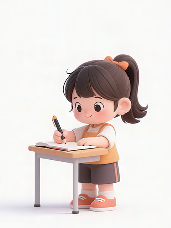 3d illustration of a cute little girl writing in a notebook.の写真素材