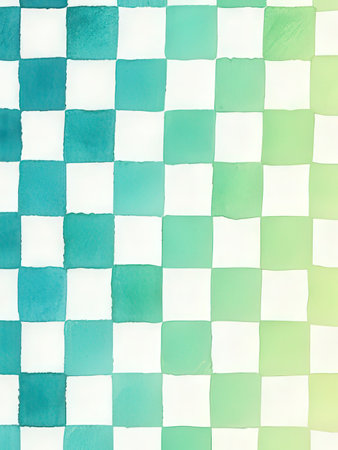 Watercolor checkered background. Blue, green and white squares.