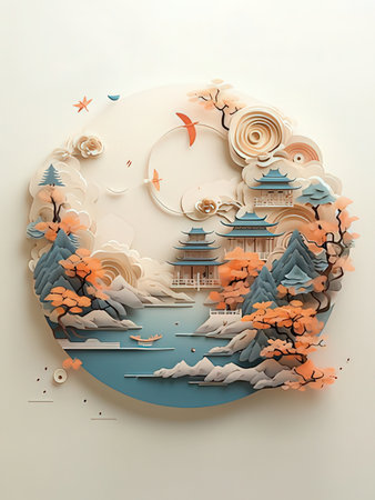 Paper art landscape with Chinese traditional architecture, pagoda and clouds.の写真素材