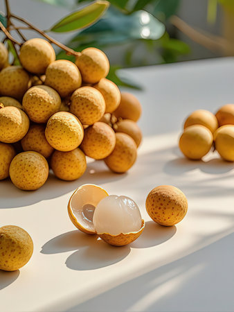 Fresh longan fruits on a white background. Longan is a tropical fruit that is native to Asia.の写真素材
