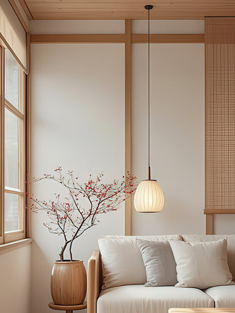 Living room interior with beige walls, wooden floor, comfortable sofa and vase with flowers. 3d renderの写真素材