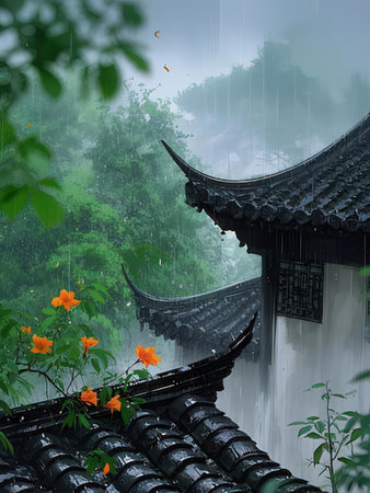 Rain in the eaves of a temple.
