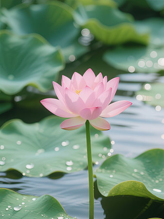 Pink lotus flower on the water with bokeh background.の写真素材