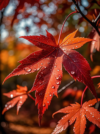 Red maple leaves with water drops in autumn. Beautiful natural background.