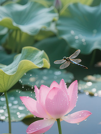 Dragonfly on the lotus flower with beautiful water lily.の写真素材