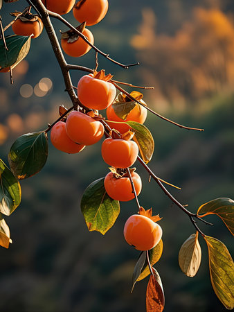 Ripe persimmon on a branch in the rays of the setting sun