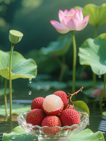 Fresh lychee in a glass bowl with water droplets and lotus flower