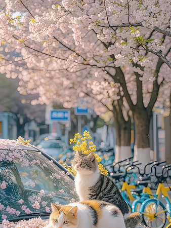 Cats and cherry blossoms on the streets of Tokyo, Japanの写真素材