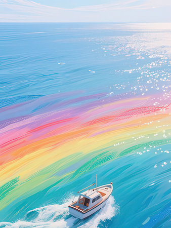 Yacht in the sea with rainbow colors. 3D illustration.