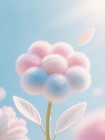 Bouquet of pink and blue fluffy cotton balls on blue backgroundの写真素材
