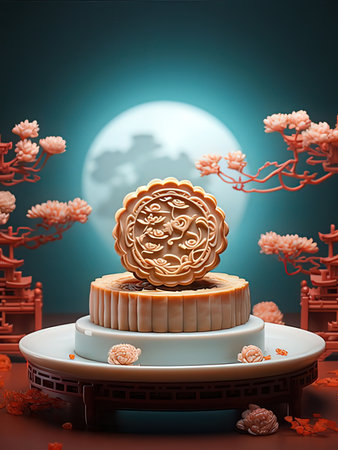 Chinese moon cake with full moon background. 3d render illustration.の写真素材
