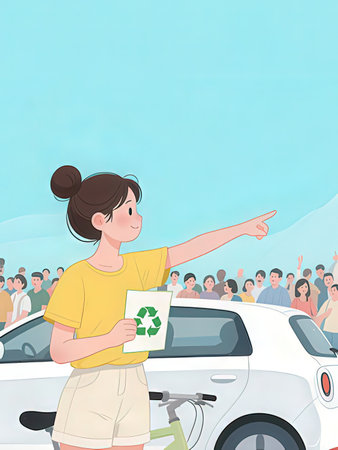 Illustration of a Woman Pointing to a Car with People Around her