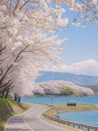 Cherry blossoms in full bloom along a road in springtimeの写真素材