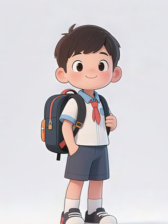 Cute little boy wearing school uniform with backpack. Vector illustration.の写真素材