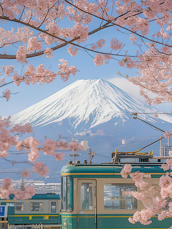 Mt Fuji with cherry blossom and train in spring, Japanの写真素材