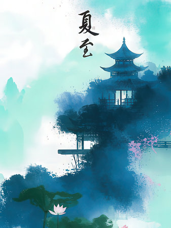 Chinese New Year watercolor painting with pagoda and lotus flowerの写真素材