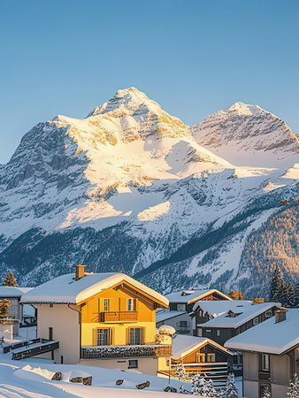 Beautiful winter alpine village with snow covered mountains in background.