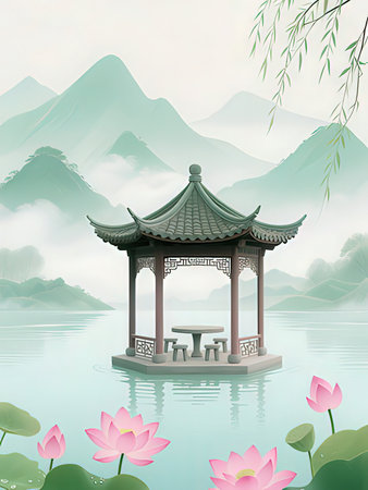Chinese pavilion on the lake in the mountains. Vector illustration.の写真素材
