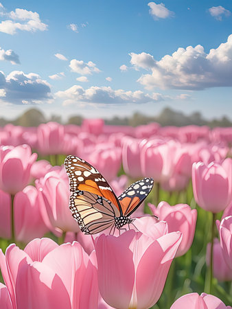 Butterfly on pink tulips in the field. Spring landscape.の写真素材