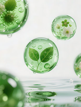 Water bubbles with green leaves and flowers on white background. 3d illustration
