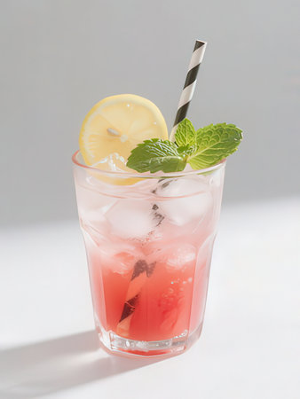 Strawberry lemonade with mint and ice in a tall glassの写真素材