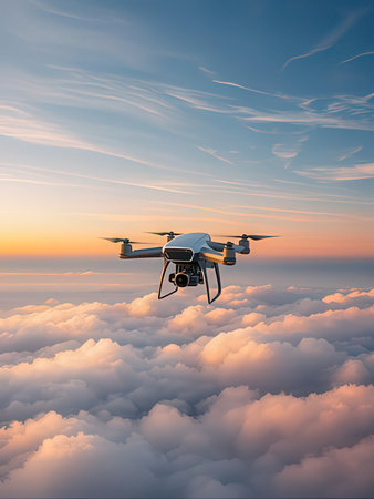 Drone flying above the clouds at sunset. 3D illustration.