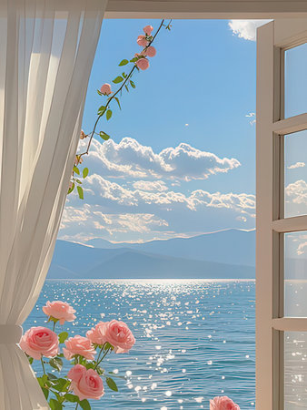 Beautiful view from the window to the lake, mountains and sky
