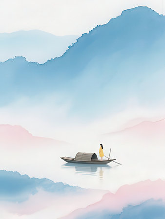 Illustration of a woman paddling in a boat on a lake.の写真素材