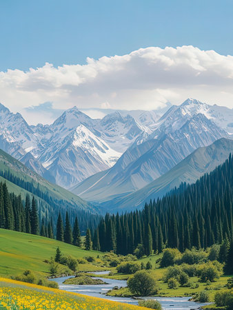 Mountain landscape with valley and river, Kyrgyzstan.の写真素材