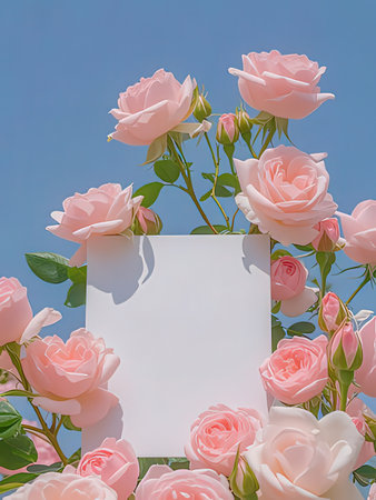 Beautiful pink roses with blank paper card on blue sky background.の写真素材