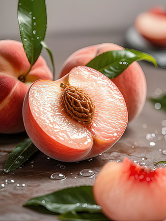 Fresh peaches with leaves and water drops on gray background, closeupの写真素材