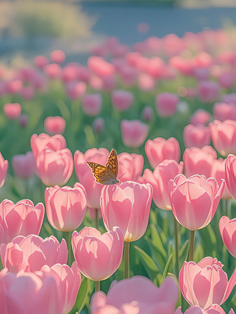 Pink tulips and butterfly in the garden. Spring flowers background.の写真素材