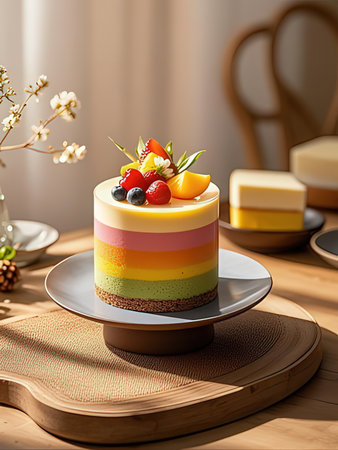 Colorful mousse cake with fresh berries on a wooden table.