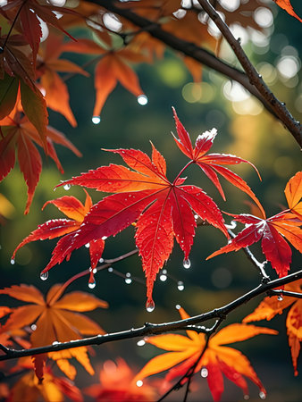 Autumn maple leaves with drops of dew on a blurred backgroundの写真素材