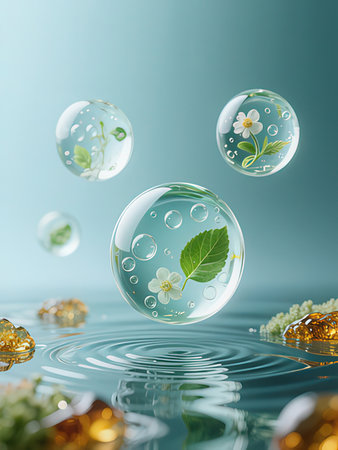 3d render of soap bubbles floating in water with green leaves and flowers