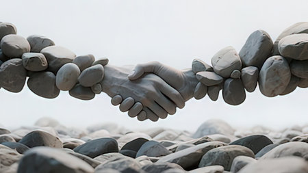 Conceptual image of two people shaking hands with stone background.の写真素材