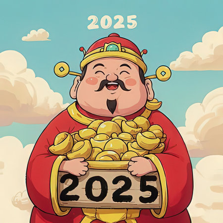 Happy Chinese New Year 2025. Cute Cartoon character with gold coins.の写真素材
