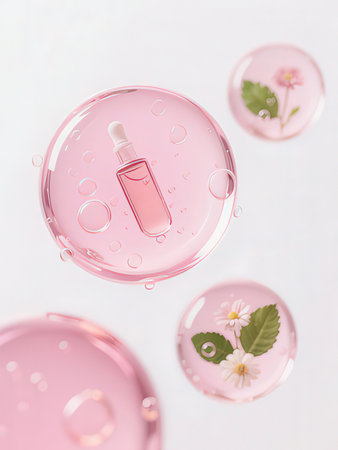 pink liquid in petri dish with flowers and leaves on white background