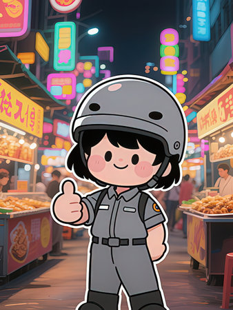 Illustration of a cute girl wearing a motorcycle helmet and showing thumbs upの写真素材