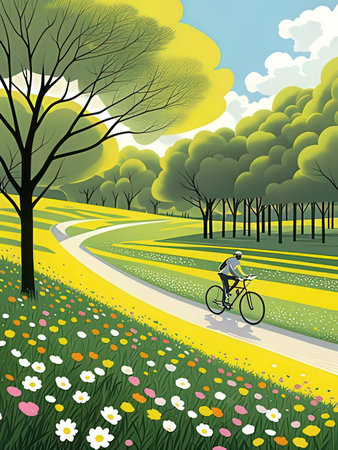 Vector illustration of a bicycle ride in the spring park with flowers.の写真素材