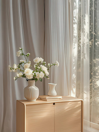 White flowers in vase on the chest of drawers. 3d renderの写真素材
