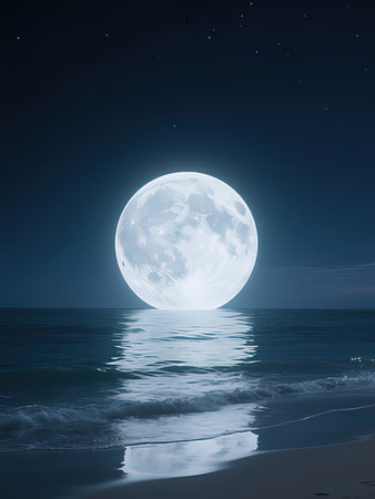 Full moon over sea at night with reflection in water. 3d illustration