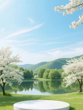 3d render of white round podium and beautiful spring landscape in the backgroundの写真素材