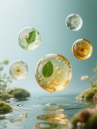 3d illustration of bubbles floating in water with green plants and flowers