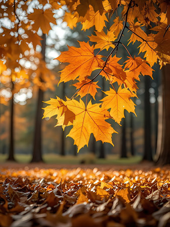 Maple leaves on the ground in the autumn forest. Autumn backgroundの写真素材